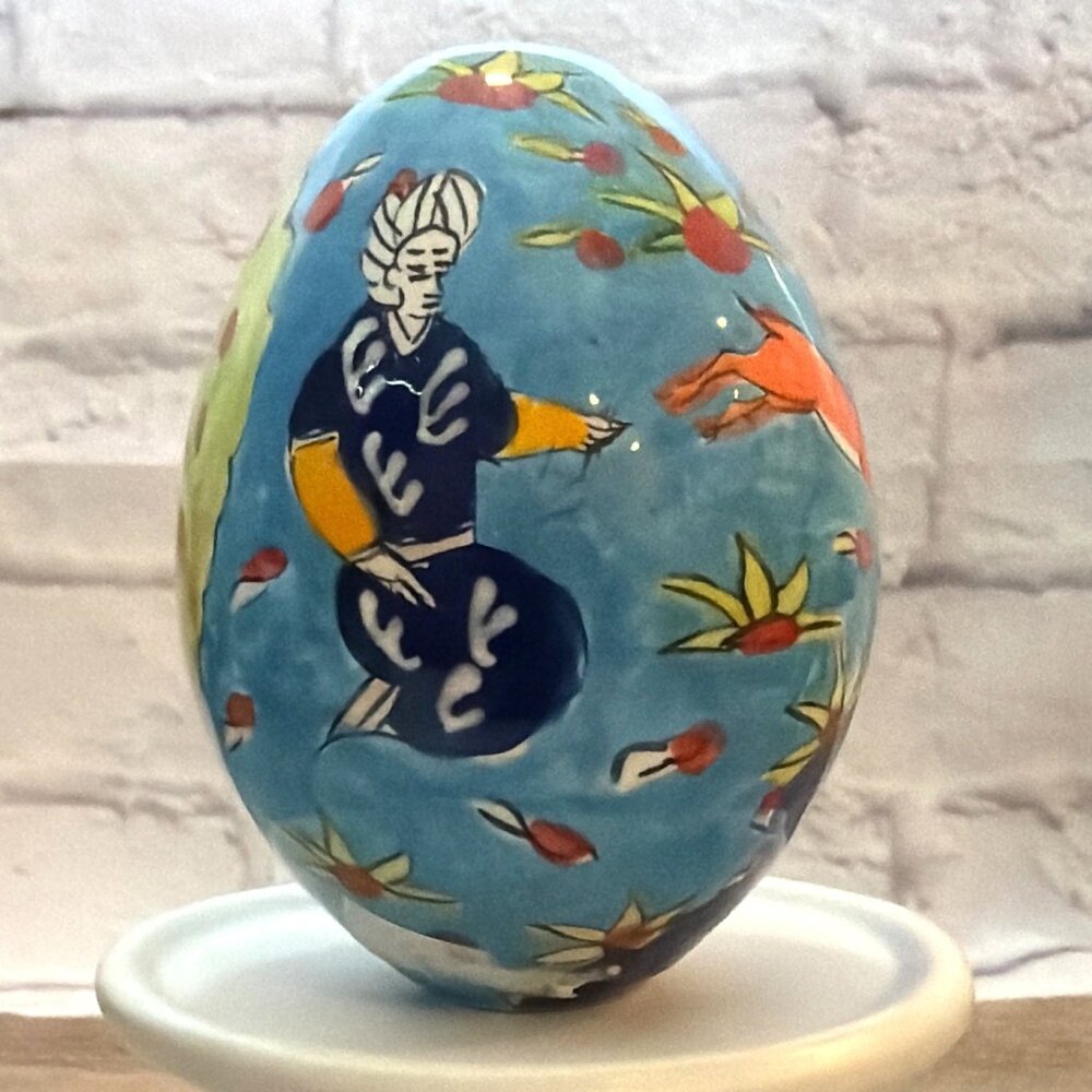 Hand-Painted Turkish Ceramic Pottery Egg Istanbul Grand Bazaar Blue Folk Art VTG - Picture 3 of 13